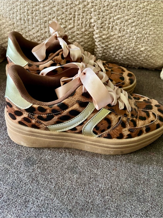Shoes - Leopard Print Women’s Platform Sneakers with Pale Pink Ribbon Laces